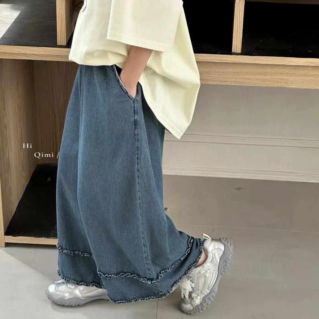中大童女童牛仔裤2025年新款宽松潮流直筒阔腿裤F225花边牛仔裤