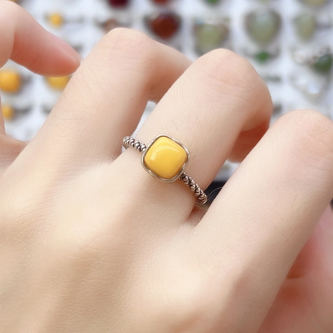 蜜蜡银S925镶嵌戒指，