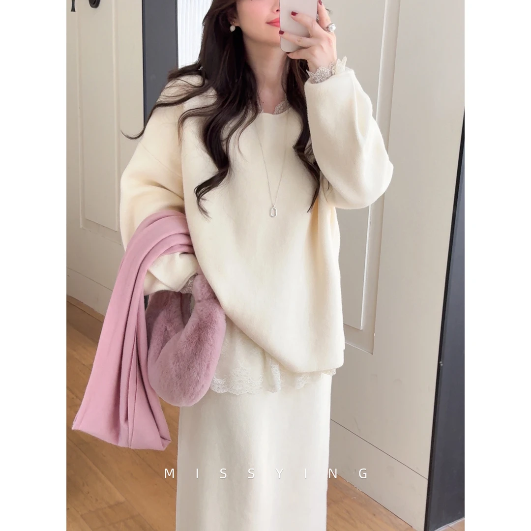 应小姐【影像诗】微胖大码韩系时尚显瘦休闲风百搭针织上衣半裙套装