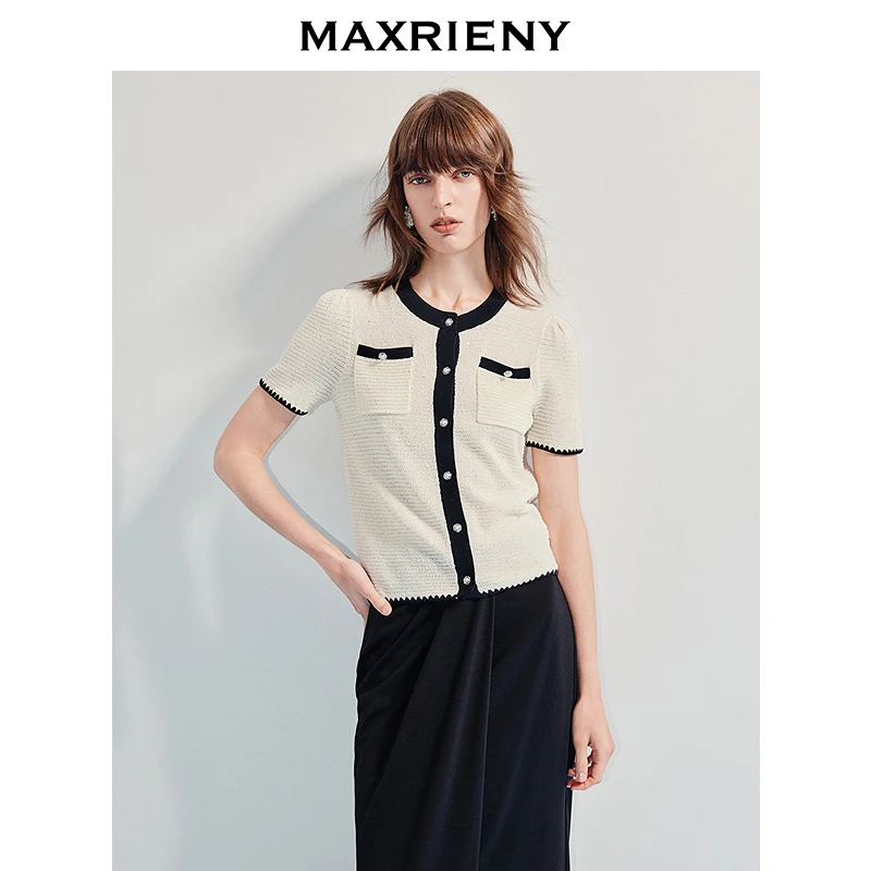 M185【赵老板专属】MAXRIENY25夏季小香风撞色曲珠针织衫法式