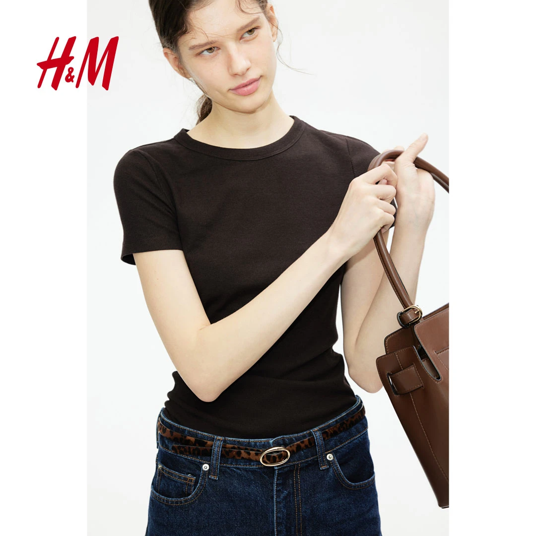 HM女装T恤春季女柔软舒适修身休闲直筒圆领短袖上衣1157799