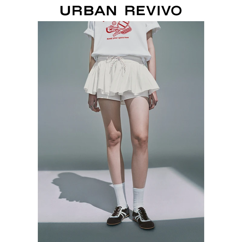 UR2025夏季新款女装休闲度假感松紧腰抽绳裙裤短裤UYU650032