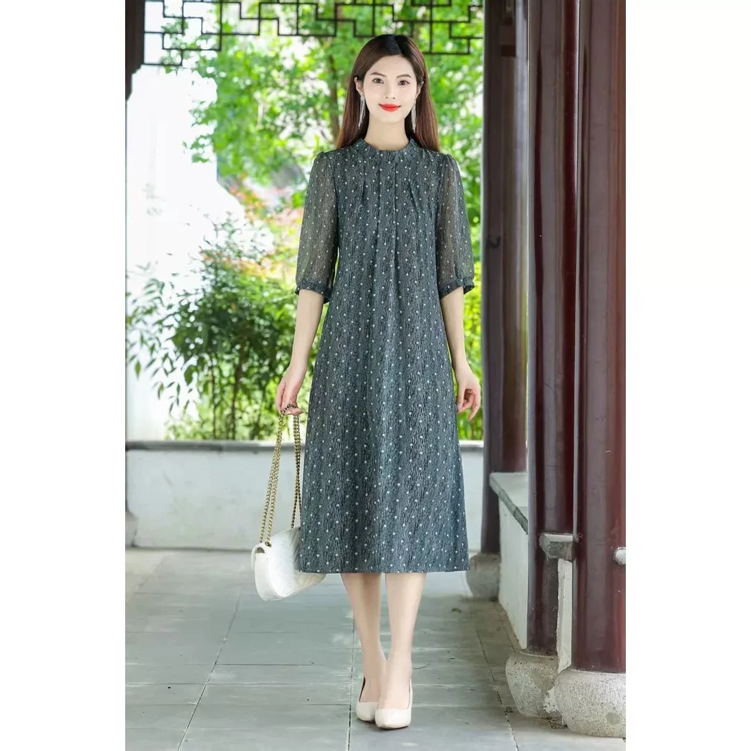 【小老弟2店】CX绿色午后小调气质优雅修身连衣裙显瘦收腰裙