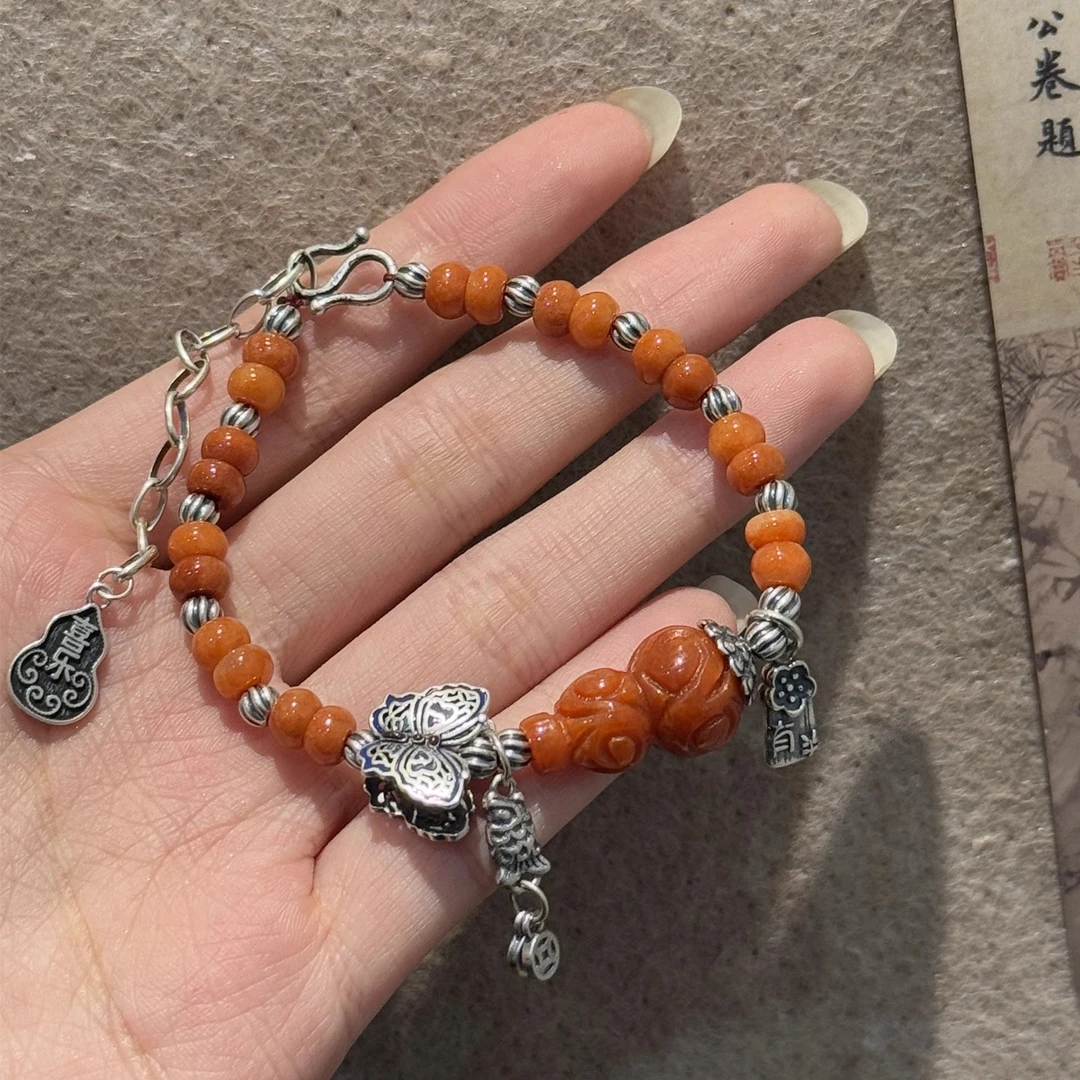 925银手链 <时愿>S09809 蝴蝶锦鲤雕刻红色葫芦红珠手链多样性发