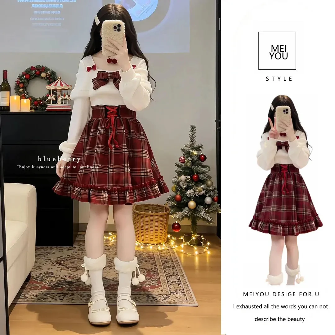 圣诞穿搭氛围感红色假两件连衣裙女冬季漂亮出片韩版一字肩短裙子