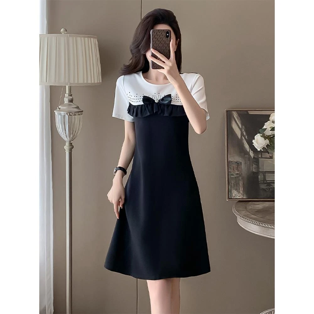 黑色拼接高级感连衣裙2025新款夏季小众气质修身遮肚显瘦裙子女