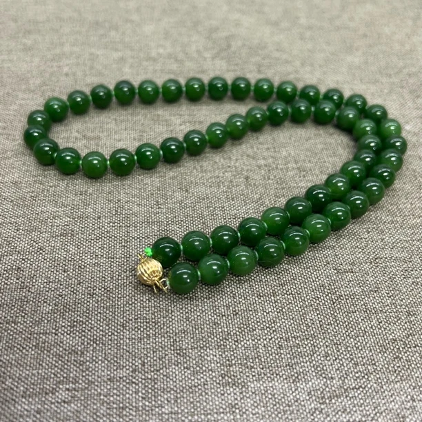 MS和田玉碧玉项链老坑料菠菜绿色辣均匀18k金扣头8mm
