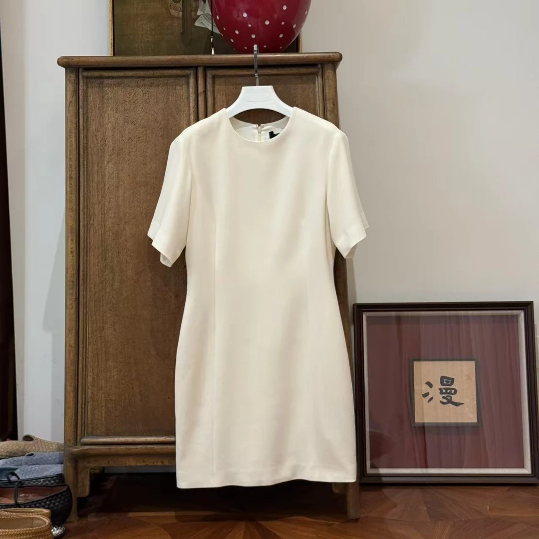MYL 2025年夏季新款三醋酸岩白色短袖连衣裙休闲百搭纯色连衣裙