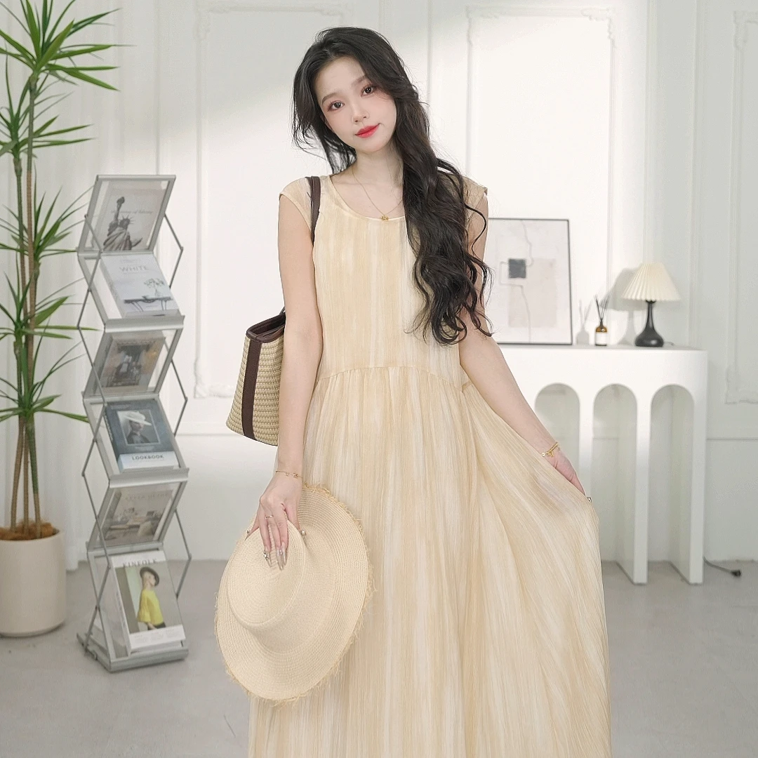 对白莱赛尔薄纱晕染背心连衣裙女2025夏季新款吊带裙气质无袖长裙
