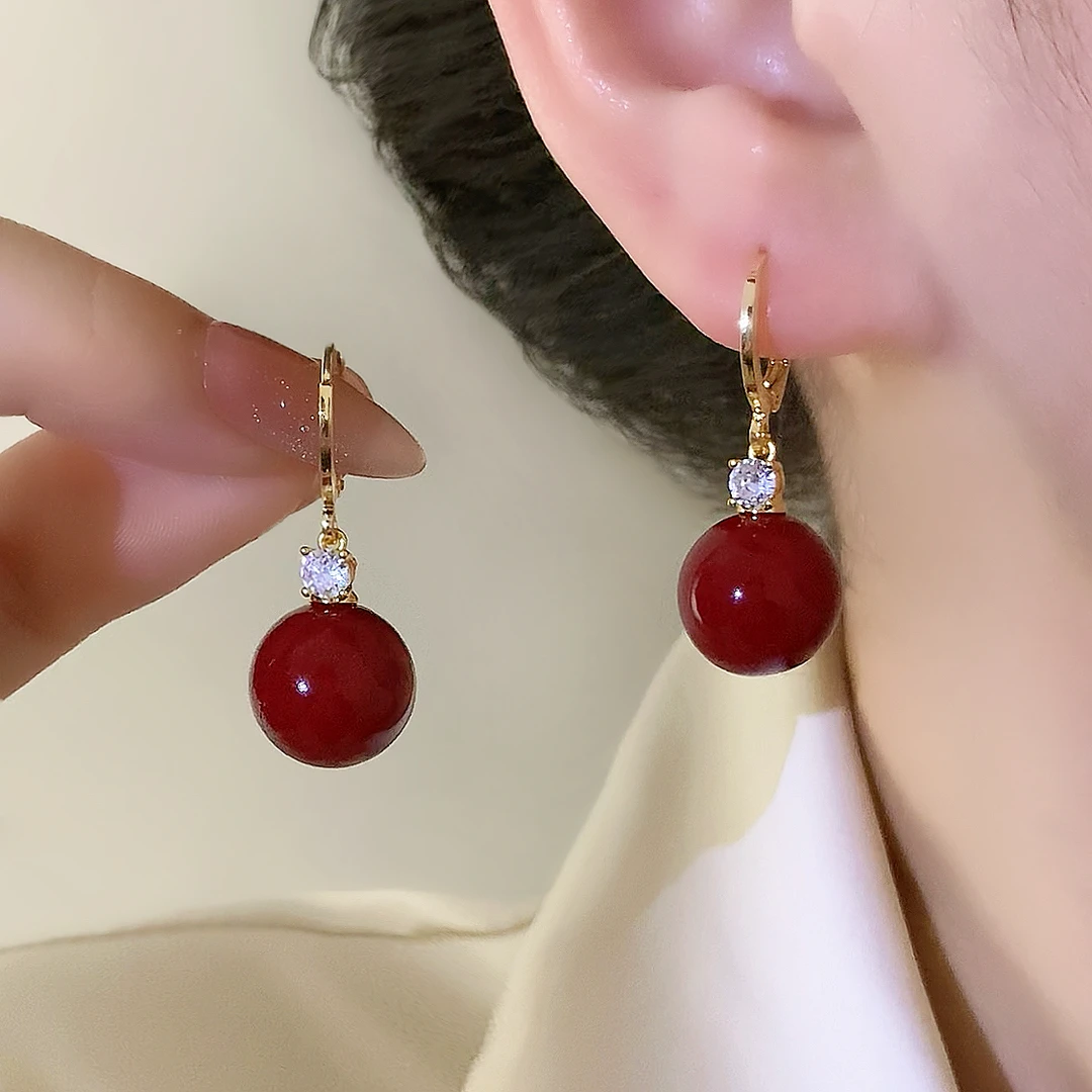 铜合金仿珍珠耳饰 轻奢高级感洋气喜庆微镶亮锆红色珠珠耳环1225