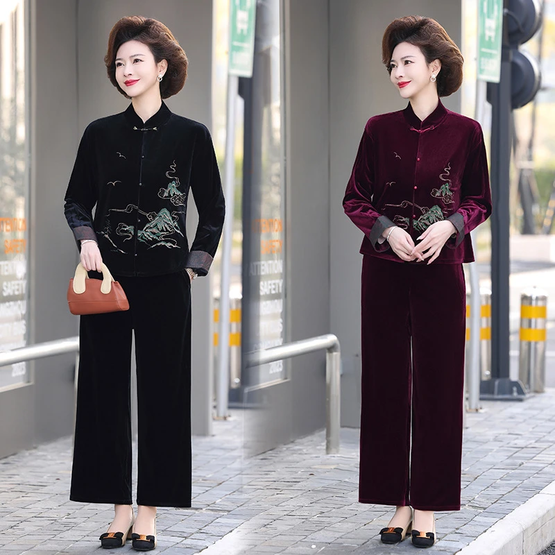中年妈妈秋装套装洋气中老年金丝绒上衣服春秋季新中式国风外套女