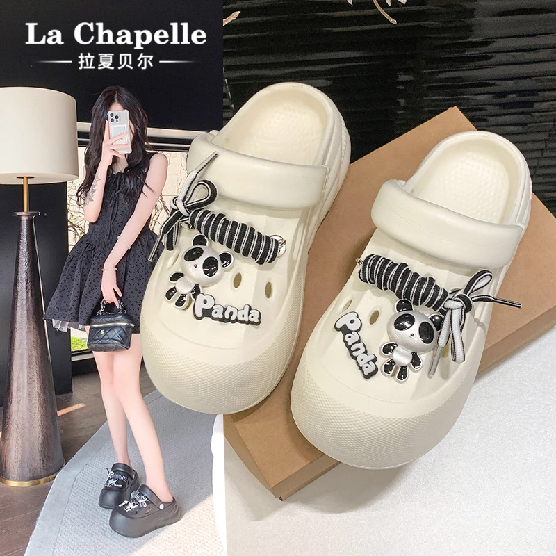 拉夏贝尔卡通洞洞鞋女2025夏季新款欧美范休闲百搭厚底包头凉拖鞋