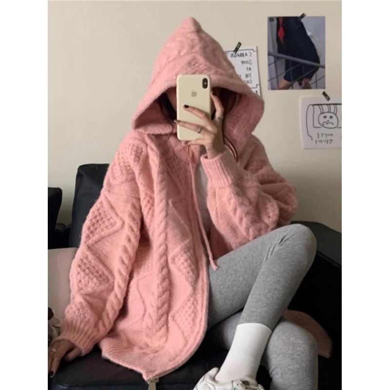 清仓加厚连帽针织开衫外套女春季粉色麻花毛衣设计感宽松慵懒上衣