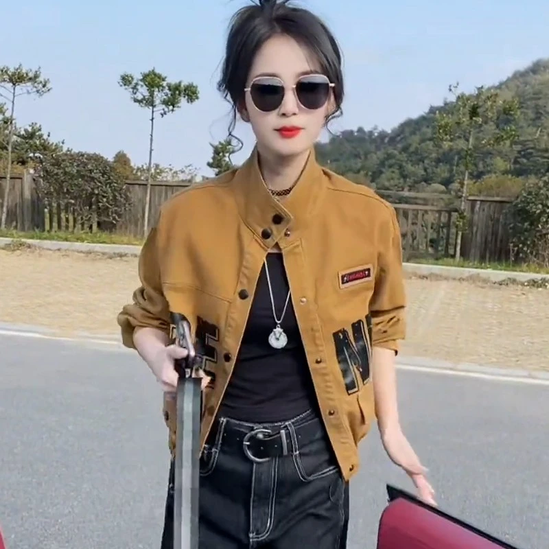 纯棉韩版立领字母牛仔外套女2025年春秋新款时尚休闲短款夹克上衣