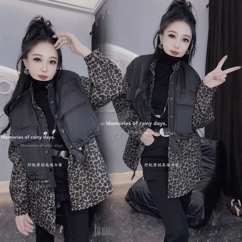 韩版重工拼接加厚马甲假两件夹棉外套2025冬季新款加绒时尚棉衣女