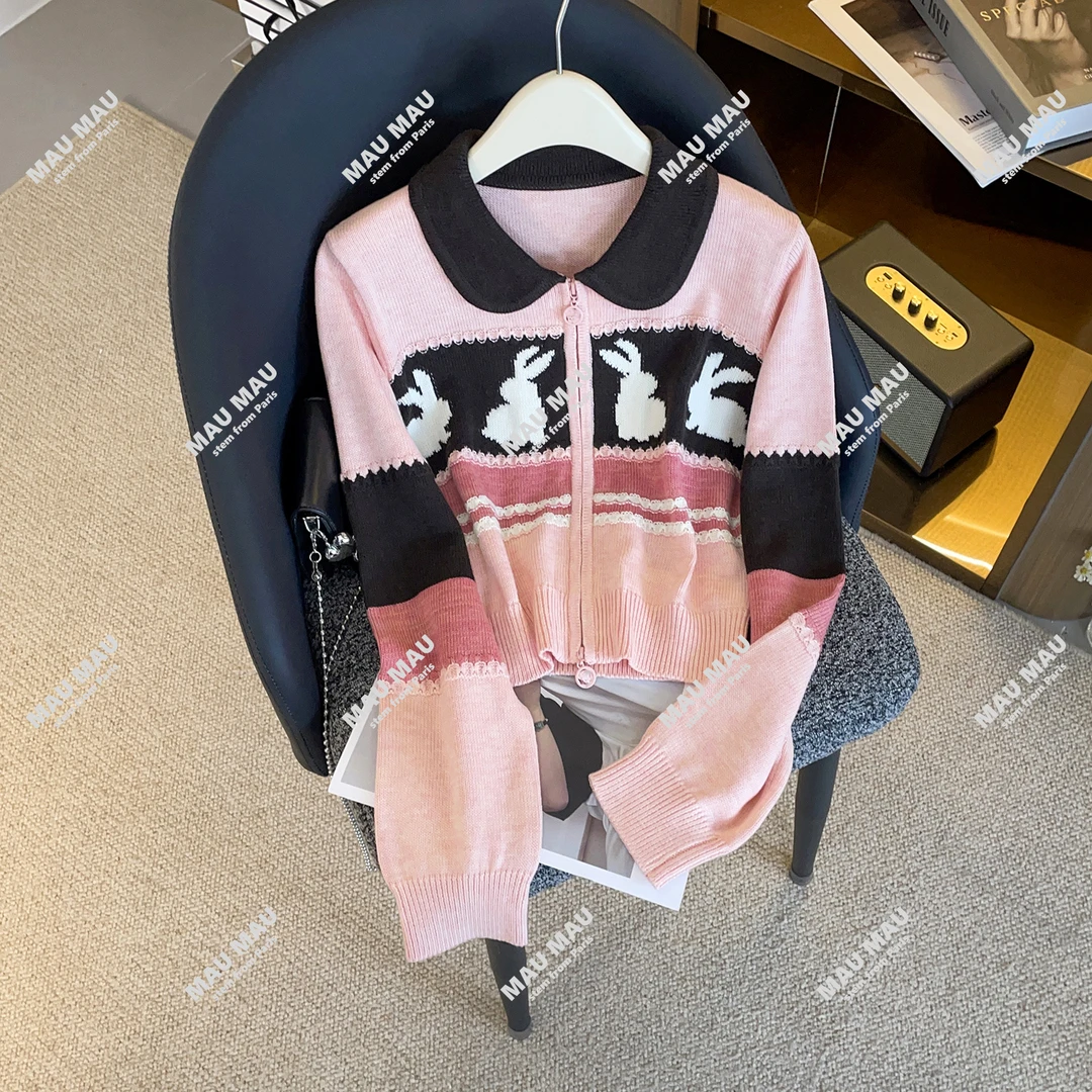 现货 短款条纹针织线开衫双开拉链立体提花针织开衫 DY9126