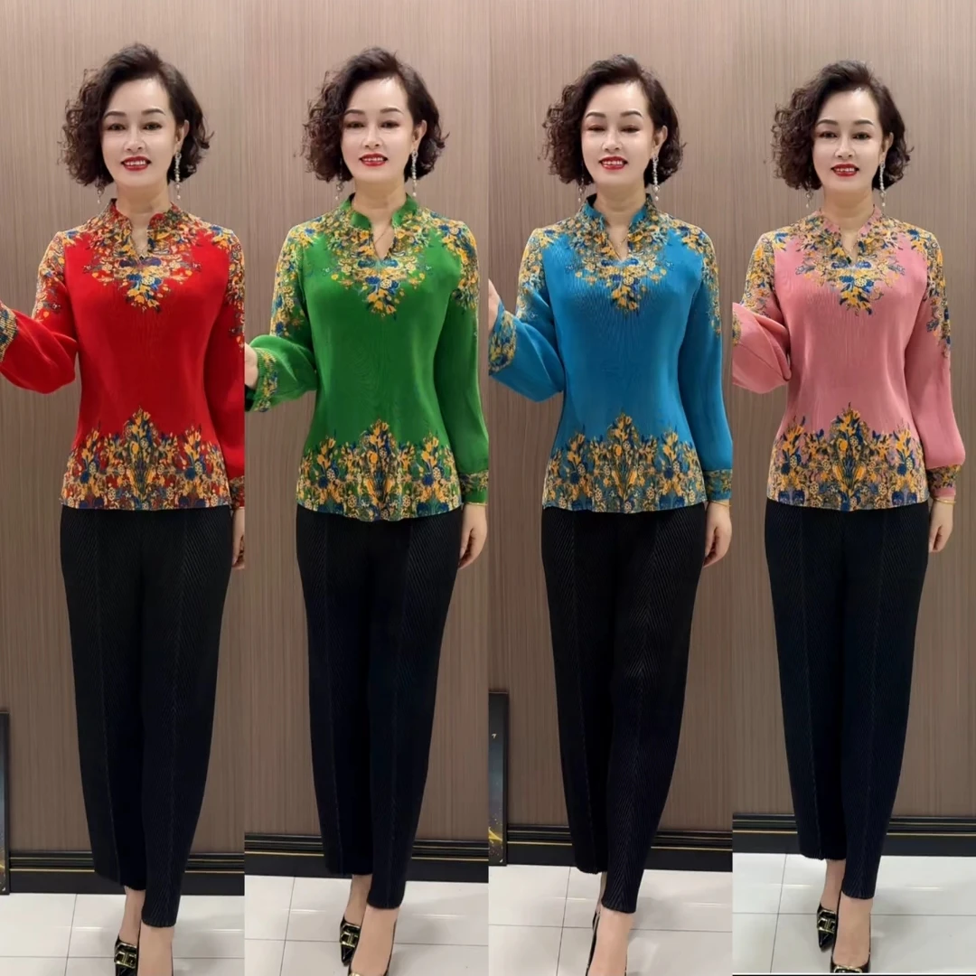 时尚洋气彩花褶皱衬衫长袖大码中老年妈妈装春秋气质减龄褶皱衬衫