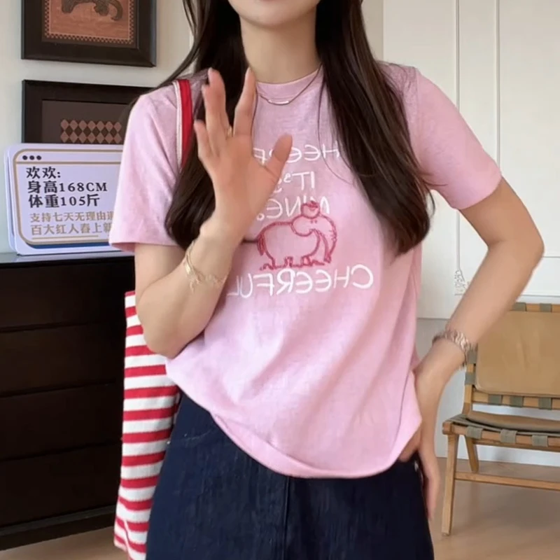 夏季休闲时尚百搭舒适字母刺绣串珠大象短袖T恤LK2503370