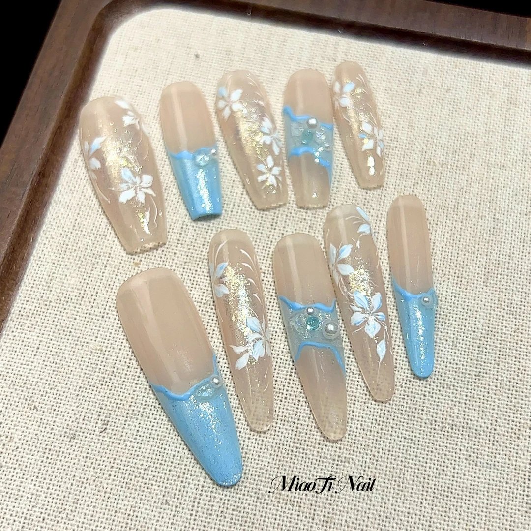 【景岚】【甲型可定制】猫哥miaoti新中式蓝色手绘碎花纯手工穿戴甲