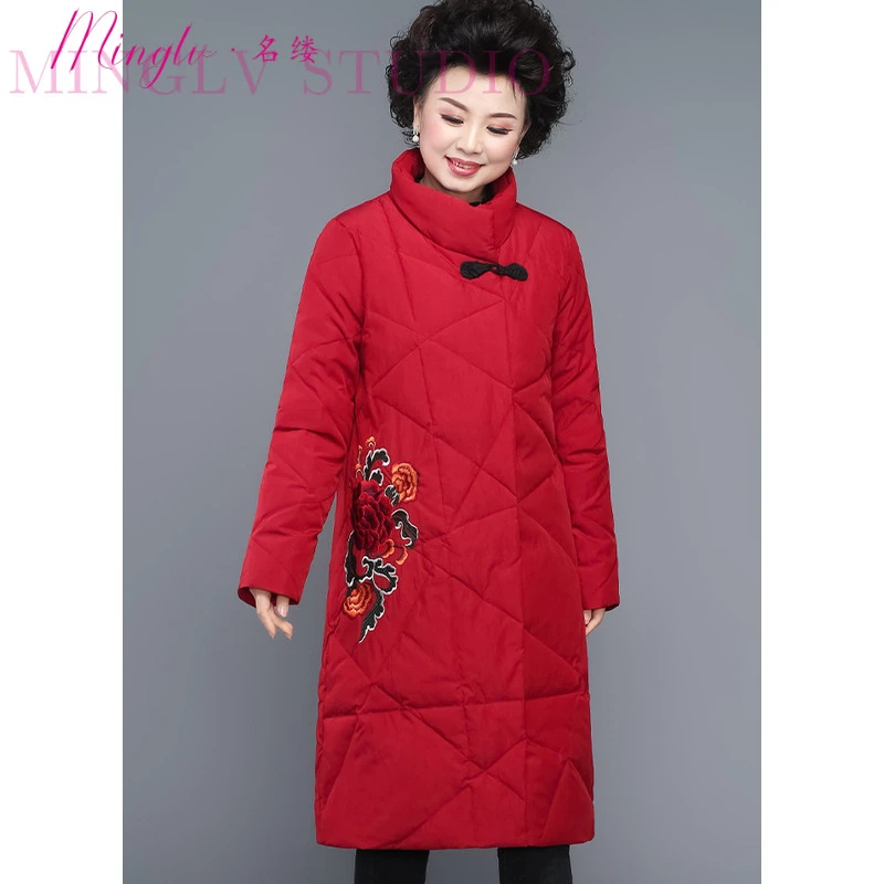 名缕轻奢冬装羽绒服中长款时尚时髦女装大码设计感中国风绣花外套