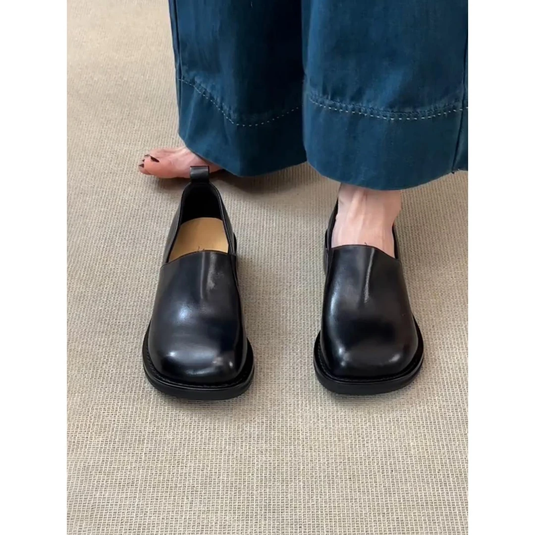 牛皮版~复古一脚蹬乐福鞋女简约英伦粗跟黑色小皮鞋方头深口单鞋