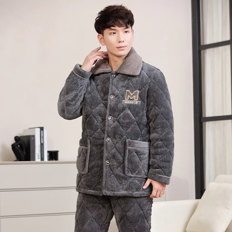 加厚加绒带毛领男士棉睡衣牛奶绒保暖大码男生冬款