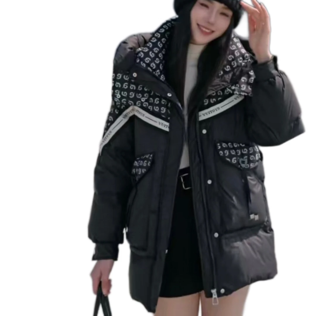 H6802冬季连帽潮流休闲时尚拼接设计师中长款鹅绒服80长