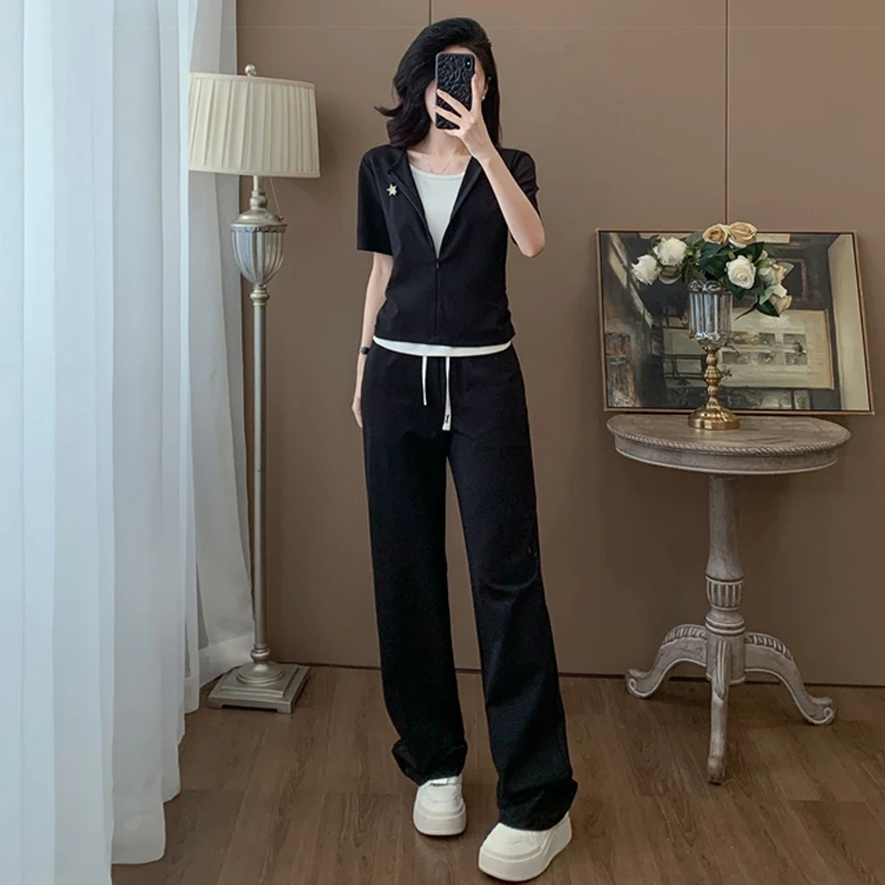 夏季时尚休闲假两件拼色短袖长裤显瘦套装女穿搭一整套减龄洋气