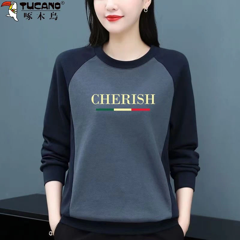 啄木鸟新款印花休闲小众上衣春秋长袖打底拼色设计圆领套头T恤女
