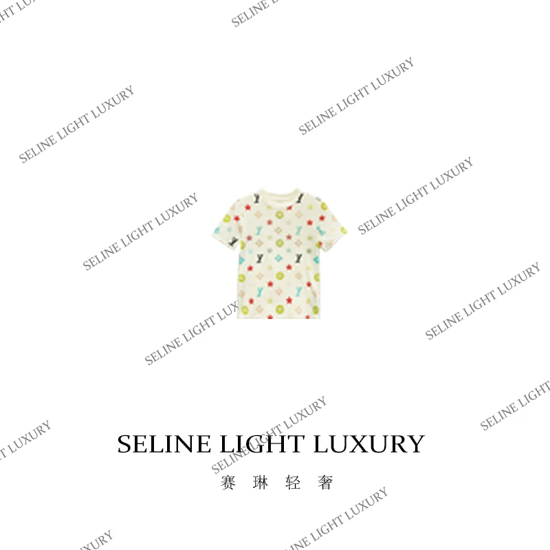 【25C-022】连 2025 SELINE 春季原创米白色老花百搭圆领短袖T恤