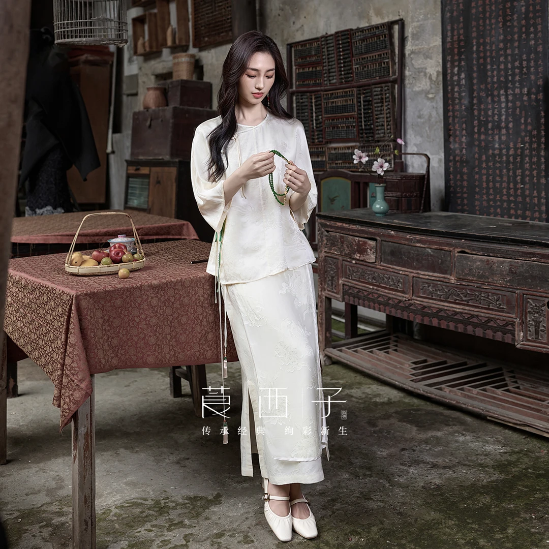 莨西子【蝶衣】新中式女装国风衬衫春夏季气质圆领暗纹提花百搭上衣