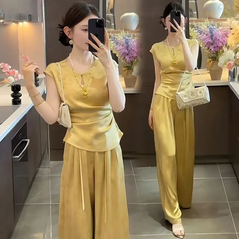 【金竹】2025新款夏季缎面提花气质修身上衣裤子洋气韩版套装875