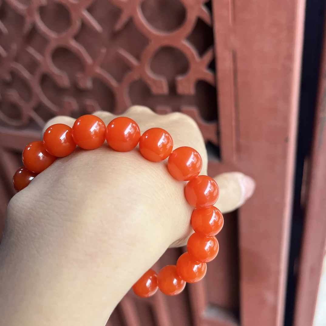 南红单圈保山原矿满色圆珠手串11mm无优化女款时尚女士红色素圈