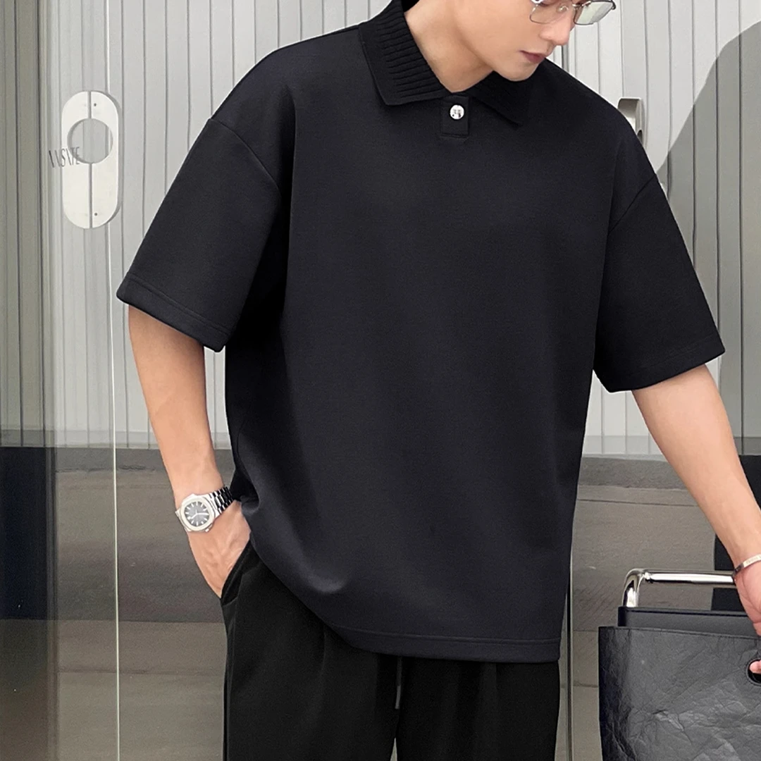 老钱风夏季黑色重磅短袖T恤男款高级感痞帅宽松休闲翻领polo衫潮