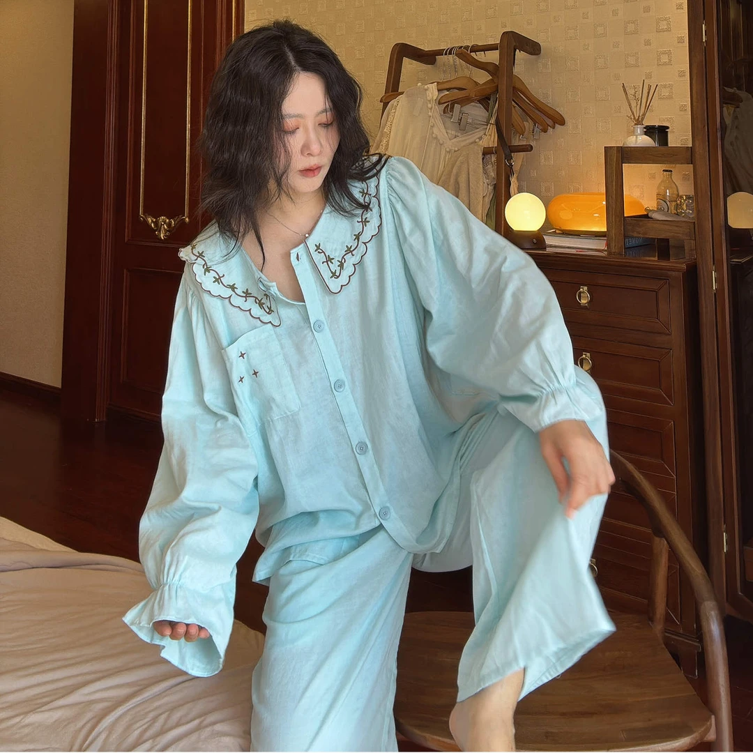 大梦睡衣女春秋季纯棉纱布长袖长裤大码韩版刺绣秋冬天家居服套装