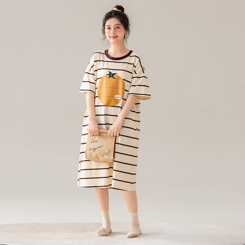 女短袖甜美中长款中长裙夏季睡裙条纹时尚长裙家居服薄款639
