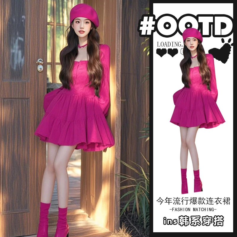 2025年新款法式洋气方领长袖连衣裙女小个子气质收腰减龄A字裙潮