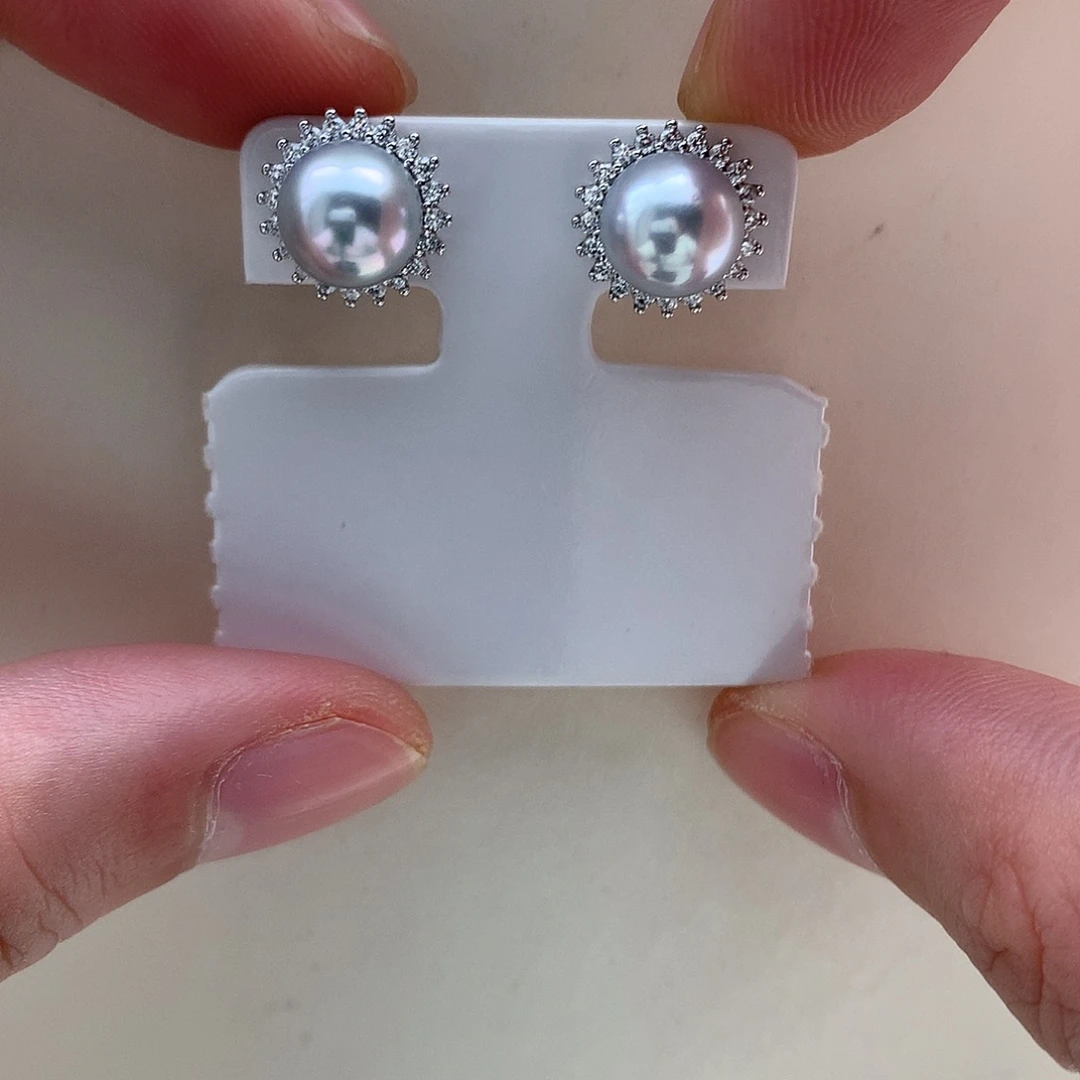 耳饰海水珍珠银S925镶嵌8-8.5mm真多麻