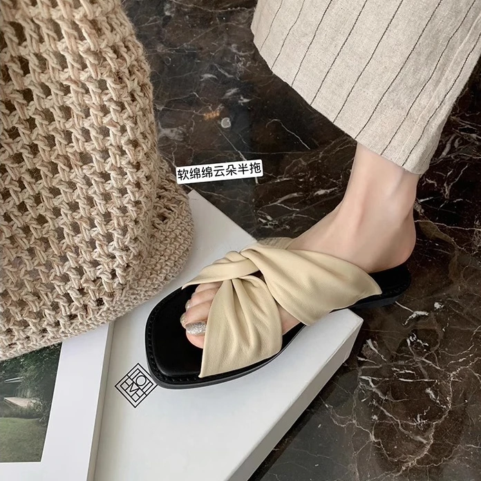 【葡萄妈同款】巨舒服真皮褶皱扭结百搭方头云朵半拖女凉拖外穿春夏