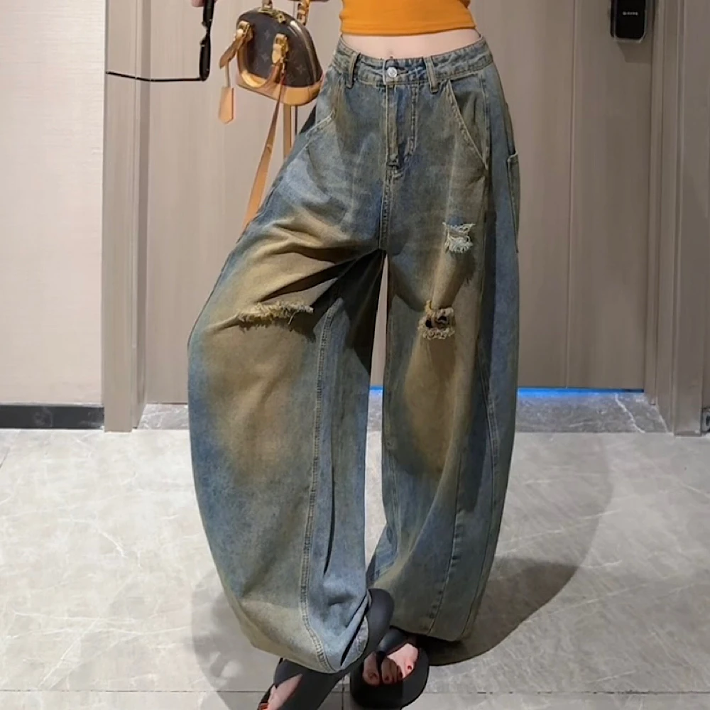 【CCDZ】夏季新品时尚设计感复古做旧宽松高腰牛仔阔腿裤女