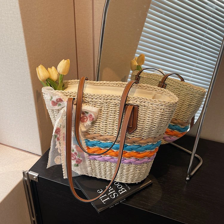彩虹条纹草编包包女士2025新款沙滩海边度假大容量单肩手提托特包