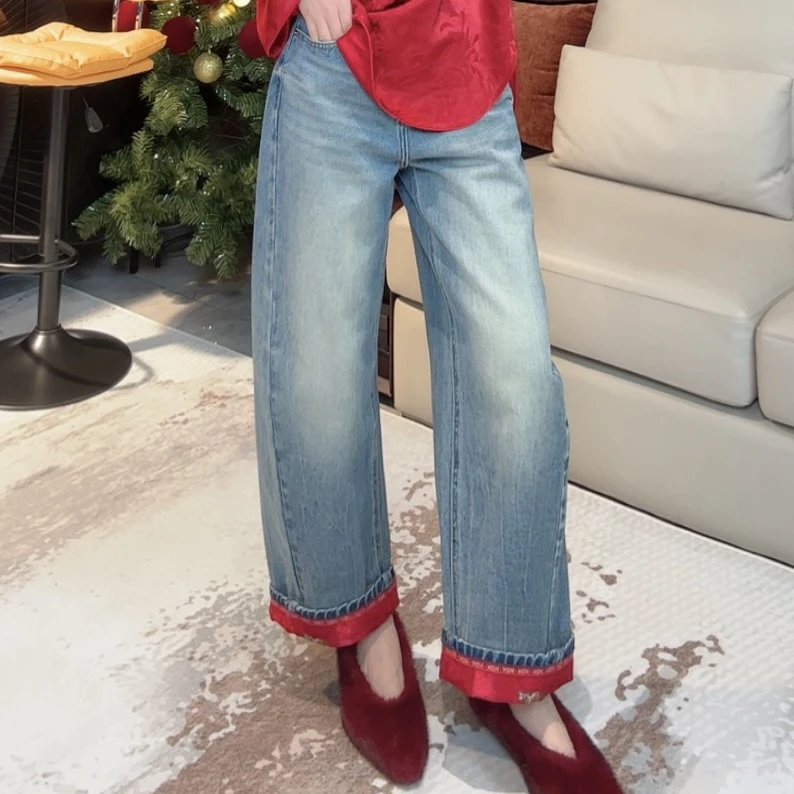 红色小马裤腿精致宽松显瘦阔腿牛仔裤