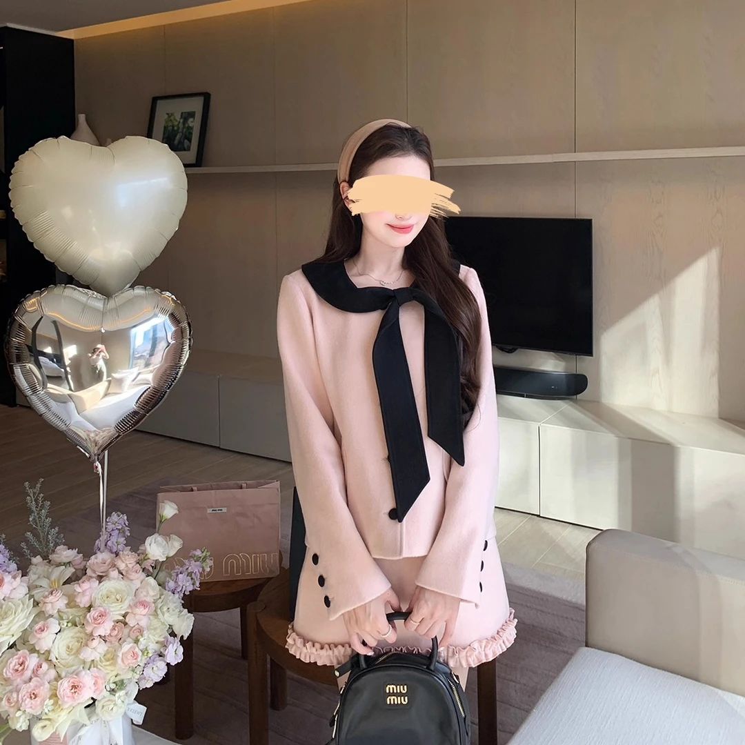 海德堡情书 韩系小香学院风温柔甜美毛呢大衣半身裙套装女秋冬装