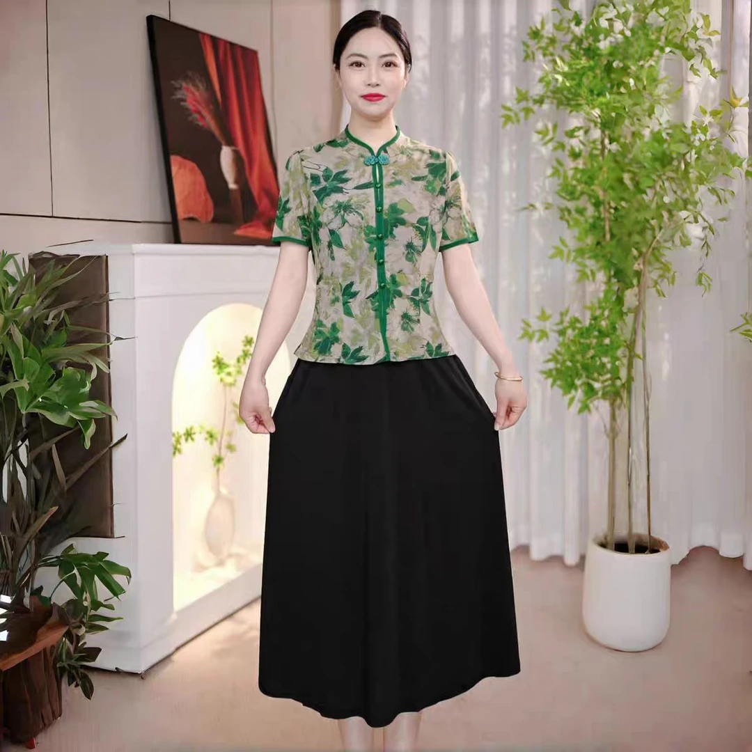 9805-汉服盘扣薄款中长款中老年女装女装圆领中国风连衣裙A仓