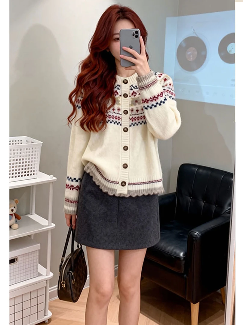 费尔岛提花毛衣外套女2025秋冬新款慵懒宽松加厚软糯圆领针织开衫