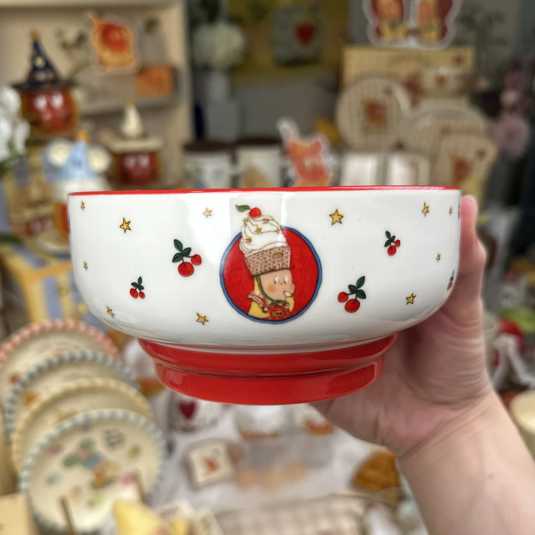 喜上陶·蛋糕星星人樱桃系列陶瓷缩脚面碗6寸家用陶瓷饭碗可爱手绘