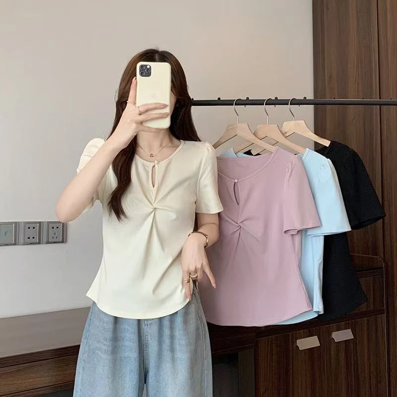 纯欲甜辣镂空设计稿弧形短袖T恤女2025夏季新款大码胖mm时尚百搭