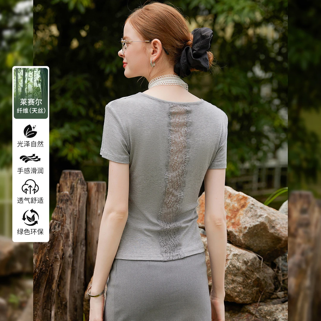 白鹿语【天丝羊毛混纺短袖】25夏季新款简约蕾丝拼接女式T恤YU20538