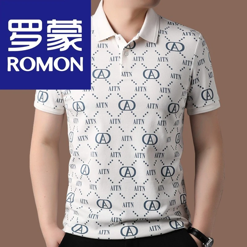 罗蒙夏季新款男士短袖t恤翻领时尚印花半袖中年休闲上衣polo