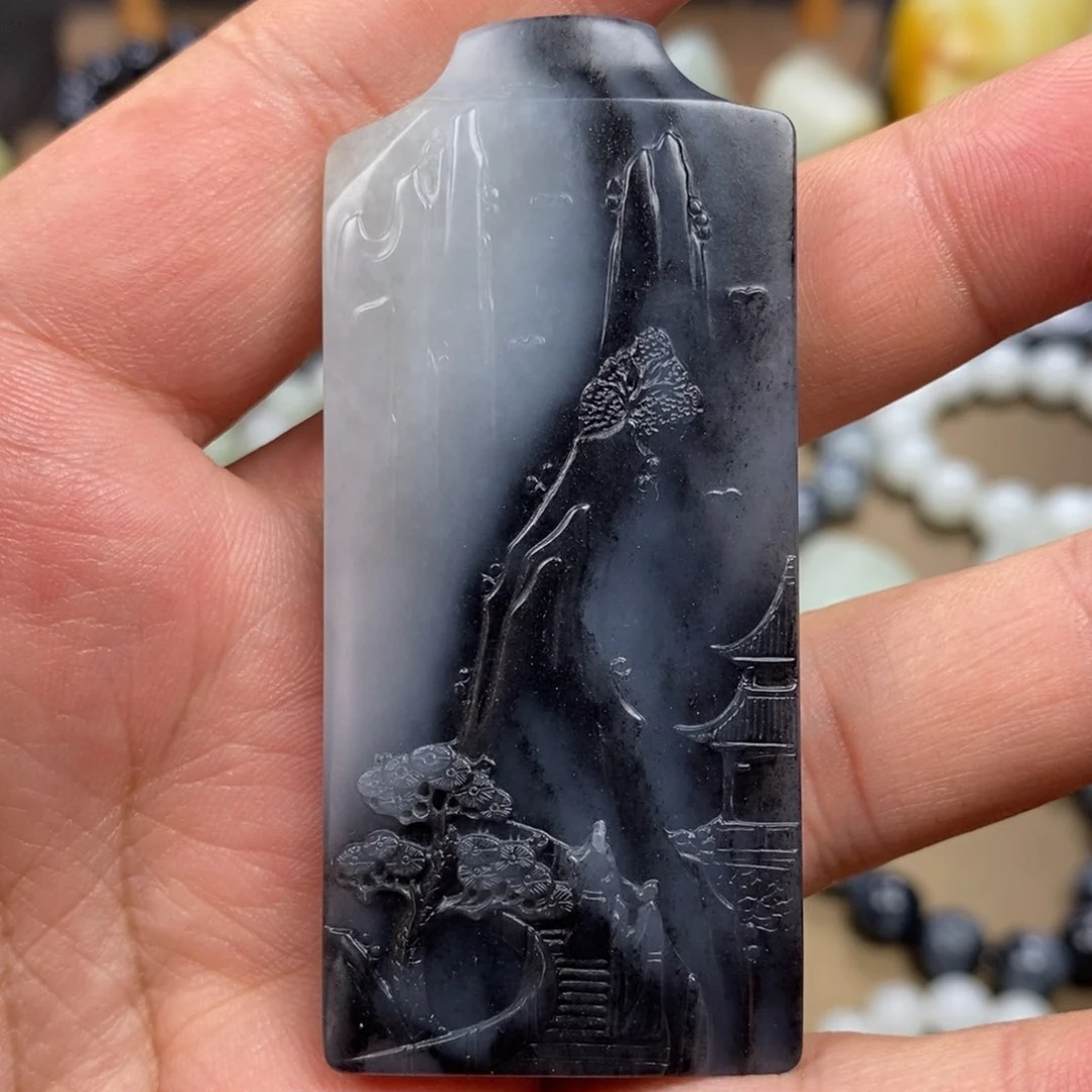 【闪购商品】和田玉未镶嵌挂件新疆和田玉青花黑白山水牌子